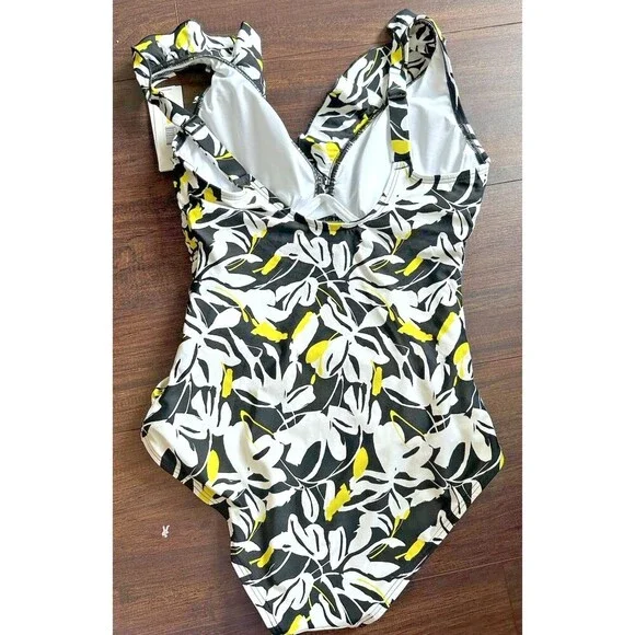 DKNY Women's Ruffle Neck One-Piece Swimsuit Fluorescent Yellow Black & White XL - Picture 7 of 10